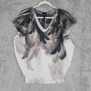 Vintage Bebe Top Womens L White Gray Feather Print Flowy Jersey Knit Rhinestone
